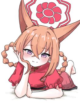 1girl animal_ears blue_archive blush braid braided_hair_rings china_dress chinese_clothes crossed_bangs dress hair_between_eyes hair_rings halo hand_on_own_cheek hand_on_own_face long_hair lying mandarin_collar on_stomach orange_hair purple_eyes red_dress rumi_(blue_archive) rumi_(small)_(blue_archive) smile solo tachikaze_miyako white_background