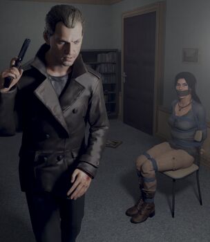 1boy 1girl 3d arms_behind_back bdsm bondage bound bound_ankles bound_legs breast_bondage breasts brown_eyes brown_hair chair cloth_gag gag gagged highres improvised_gag jewelry konstantin lara_croft necklace cloth_gag rope sitting skvrwiel tied_to_chair tomb_raider tomb_raider_(reboot) weapon