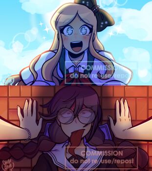 Rule 34 | + +, 2girls, artist name, black bow, blonde hair, blue sky, blush, bow, bracelet, braid, brown hair, chibigaia, cloud, collared shirt, commentary, commission, danganronpa: trigger happy havoc, danganronpa (series), danganronpa 2: goodbye despair, day, english commentary, eyelashes, fingernails, fukawa toko, genocider shou, glasses, grey eyes, hair between eyes, hair bow, jewelry, lens flare, long hair, long tongue, lying, multiple girls, on back, on ground, open mouth, red eyes, round eyewear, sailor collar, second-party source, shirt, sidelocks, sky, smile, sonia nevermind, sparkle, teeth, tongue, tongue out, twin braids, twintails, upper teeth only, watermark, white sailor collar, white shirt