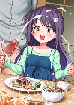 1boy 1girl :d blue_dress butter_knife censored commission cum cum_on_food dress ejaculation erection foodgasm fork gokkun hetero highres hisakabe_oto holding holding_fork holding_knife indoors knife loli long_hair male_masturbation masturbation mosaic_censoring one_side_up open_mouth original penis pinafore_dress purple_hair salad sitting skeb_commission sleeveless sleeveless_dress smile table yellow_eyes