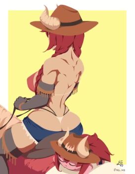 Rule 34 | 1girl, animated, ass, back, border, bouncing breasts, braid, breasts, commentary, cowboy hat, dragon girl, dragon horns, elbow gloves, english commentary, from behind, gecko zen, gloves, hat, horns, horse, horseback riding, juggle, large breasts, looping animation, nbl, red hair, riding, short shorts, shorts, simple background, solo, thighhighs, twin braids, video, virtual youtuber, vshojo, watermark, white border, yellow background, zentreya, zentreya (cowboy bikini), zentreya (dragon)