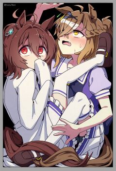 2girls agnes_tachyon_(umamusume) ahoge animal_ears between_legs bike_shorts bike_shorts_under_skirt black_shoes black_shorts blush bow bowtie braid brown_hair chemical_structure coat collarbone covering_own_mouth cramped earrings embarrassed fang frilled_skirt frills hair_ornament hairclip half_up_braid half_updo hand_up highres horse_ears horse_girl horse_tail in_container jewelry jungle_pocket_(umamusume) lab_coat leg_on_another&#039;s_shoulder looking_up mazu1kan medium_hair multiple_earrings multiple_girls notched_ear open_mouth pleated_skirt puffy_short_sleeves puffy_sleeves purple_bow purple_bowtie purple_shirt red_eyes sailor_collar school_uniform shirt shoes short_sleeves shorts single_earring skirt sleeves_past_fingers sleeves_past_wrists stuck_in_a_box tail tracen_school_uniform twitter_username umamusume white_coat white_sailor_collar white_skirt yellow_eyes yuri