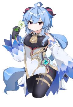 Rule 34 | 1girl, ahoge, aqua gem, arm at side, bare shoulders, bell, black bodystocking, black gloves, black horns, blue hair, blue trim, bodystocking, breasts, chile paper, collared bodysuit, commentary request, covered navel, cropped legs, detached sleeves, double-parted bangs, dress, flower, ganyu (genshin impact), gem, genshin impact, gloves, gold trim, green flower, hair between eyes, hand up, highres, holding, holding flower, horns, leaf, long hair, long sleeves, looking at viewer, low ponytail, multicolored horns, neck bell, pelvic curtain, pink eyes, ponytail, red horns, short dress, simple background, sleeveless, small breasts, solo, standing, striped horns, thigh strap, two-tone horns, very long hair, white background, white dress, wide sleeves