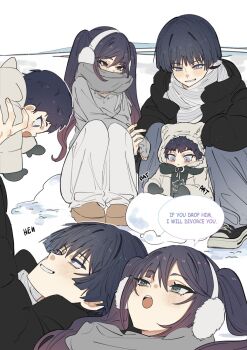 1girl 2boys alternate_costume alternate_universe aqua_eyes asymmetrical_bangs baggy_pants between_legs black_hair black_jacket black_mittens black_shirt black_shoes black_sleeves blunt_bangs blunt_ends blush bright_pupils child choppy_bangs commentary contemporary earmuffs english_commentary english_text family fingernails genshin_impact gradient_hair grey_eyes grey_pants grey_scarf grey_shirt grey_sleeves hair_between_eyes hetero highres holding holding_hands hood hooded_jacket if_they_mated jacket long_hair long_sleeves looking_at_another lying mittens mona_(genshin_impact) multicolored_hair multiple_boys on_back open_clothes open_jacket open_mouth outdoors padded_jacket pants pink_hair raised_eyebrows scaramouche_(genshin_impact) scarf scarf_over_mouth shirt shoes sidelocks sideways_glance sitting sleeves_past_fingers sleeves_past_wrists smirk sneakers snow speech_bubble swept_bangs teeth tsurime twintails undershirt upper_teeth_only white_jacket white_pants white_pupils white_scarf wide-eyed winter_clothes ysnden