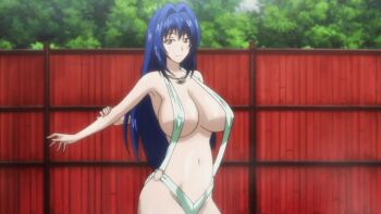 1girl animated animated_gif arm_grab armpits arms_behind_back bare_shoulders bikini blue_hair blush bouncing_breasts breasts brown_eyes cleavage collarbone exercising female_focus fence hair_between_eyes hair_intakes jewelry large_breasts long_hair looking_at_viewer maken-ki! navel nijou_aki o-ring o-ring_bikini o-ring_bottom open_mouth outdoors outstretched_arm pendant screencap slingshot_swimsuit smile solo standing steam stretching swimsuit takami_akio tree