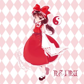 Rule 34 | 1girl, alternate hairstyle, argyle background, argyle clothes, bobby socks, brown eyes, brown hair, character name, detached sleeves, embodiment of scarlet devil, female focus, full body, gohei, hair ribbon, hakurei reimu, japanese clothes, long hair, long skirt, low ponytail, mary janes, mashiko hiromi, miko, nontraditional miko, pink background, ponytail, red ribbon, red skirt, ribbon, shoes, simple background, skirt, skirt set, socks, solo, standing, touhou, white socks, wide sleeves, yin yang