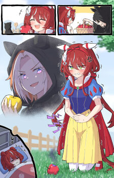 2girls anger_vein animal_ears apple basket breasts clenched_teeth closed_eyes commentary_request commission cosplay evil_grin evil_smile fence food fruit full_body grass green_eyes grin hair_between_eyes hair_ornament highres hood horse_ears horse_girl horse_tail looking_at_viewer low_twintails multiple_girls nightmare orfevre_(umamusume) red_hair skeb_commission smile snow_white_(fairy_tale) snow_white_(fairy_tale_character)_(cosplay) snow_white_(fairy_tale_character) sweatdrop tail teeth toushirou_(sugarwhite1046) twintails umamusume upper_teeth_only win_variation_(umamusume)