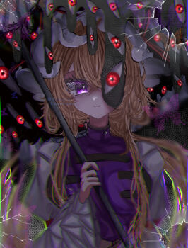 1girl absurdres blonde_hair broken bug butterfly commentary dress gap_(touhou) highres holding holding_umbrella insect long_hair long_sleeves looking_at_viewer mumei_(wgsp2374) one_eye_covered purple_butterfly purple_eyes purple_tabard smile solo tabard too_many_eyes touhou twitter_username umbrella upper_body very_long_hair white_dress yakumo_yukari