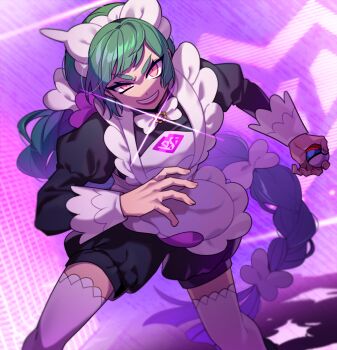 1girl apron bow bowtie braid commentary_request eyelashes glint great_ball green_hair grin hayochi holding holding_poke_ball lebanne_(pokemon) lips long_hair long_sleeves maid maid_headdress mega_stone nintendo pink_eyes poke_ball pokemon pokemon_legends:_z-a single_braid smile solo teeth thick_eyebrows thighhighs v-shaped_eyebrows very_long_hair white_apron white_bow white_bowtie white_headdress white_thighhighs