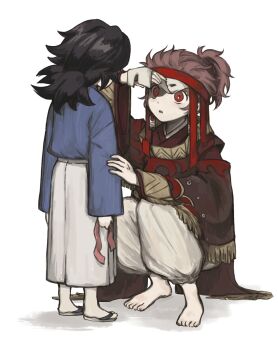 Rule 34 | 2boys, aged down, alternate costume, barefoot, black hair, blue kimono, earrings, from behind, hanafuda earrings, highres, japanese clothes, jewelry, kamado tanjirou, kimetsu no yaiba, kimono, long hair, magneticfieldh, male focus, multiple boys, pants, parted lips, ponytail, puffy pants, red eyes, red hair, sandals, shadow, simple background, squatting, tomioka giyuu, white background, white pants