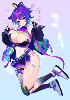 1girl absurdres bandaid bandaid_on_face bandaid_on_nose bandaid_on_thigh bikini black_bikini black_gloves blue_hair breasts closed_mouth fingerless_gloves gloves highres large_breasts looking_at_viewer medium_hair melody_(projektmelody) melody_(projektmelody)_(summer) miei multicolored_hair purple_gloves purple_hair purple_skirt purple_thighhighs shoes skirt smile solo swimsuit thighhighs two-tone_hair virtual_youtuber vshojo white_shoes