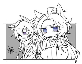 2girls ahoge animal_ears beer_hsk cold grey_background hair_between_eyes hands_in_opposite_sleeves horse_ears jacket long_hair long_sleeves mask monochrome mouth_mask multicolored_hair multiple_girls orfevre_(old_design)_(umamusume) orfevre_(umamusume) purple_eyes spot_color track_jacket trembling two-tone_hair umamusume white_background wide_sleeves