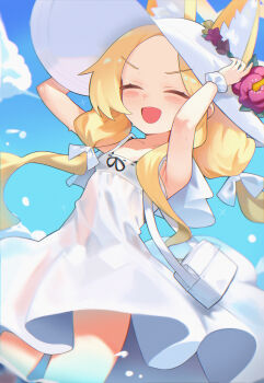 1girl :d absurdres animal_ear_fluff animal_ears armpits arms_up bag blonde_hair blue_archive breasts closed_eyes collarbone commentary dress ears_through_headwear flower forehead fox_ears fox_girl halo hat highres long_hair open_mouth seia_(blue_archive) seia_(sundress)_(blue_archive) seulpeunna shoulder_bag sky sleeveless sleeveless_dress small_breasts smile solo sun_hat sundress v-shaped_eyebrows white_bag white_dress white_hat yellow_halo