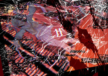 1girl blood blood_on_face blood_stain blue_hair blush bow building chouzetsusaikawa_tenshi-chan commentary_request cracked_screen closed_eyes falling full_body gradient_hair highres large_bow long_hair mekakuri_(otacon250) multicolored_hair needy_girl_overdose open_mouth outstretched_arms pink_hair platform_footwear pleated_skirt purple_hair sailor_collar school_uniform serafuku shattered skirt smile solo static twintails very_long_hair white_hair