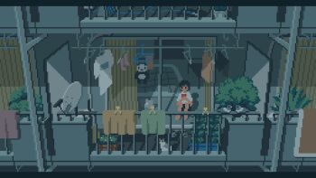 1girl animal animated animated_gif apartment balcony bird black_hair cat clothes_hanger drinking laundry looping_animation mejwh on_floor original pixel_art plant potted_plant railing satellite_dish scenery shadow shirt sitting sliding_doors socks solo steam stuffed_animal stuffed_panda stuffed_toy unworn_shirt unworn_socks white_shirt wide_shot wind