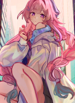 Rule 34 | 1girl, absurdres, aqua hair, bare shoulders, blue hat, blue jacket, braid, candy, cyrene (honkai: star rail), cyrene (nylon japan) (honkai: star rail), cyrene (ripples of past reverie) (honkai: star rail), diamond-shaped pupils, diamond (shape), food, gradient hair, hair ornament, hairclip, hand up, hashtag-only commentary, hat, highres, holding, holding candy, holding food, holding lollipop, honkai: star rail, honkai (series), jacket, knit hat, lollipop, long hair, looking at viewer, multicolored hair, off shoulder, official alternate costume, official alternate hairstyle, pink hair, pointy ears, purple eyes, solo, squatting, symbol-shaped pupils, twin braids, very long hair, white jacket, xu77106413