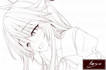 Rule 34 | 1girl, blush, bow, chloe von einzbern, collared shirt, commentary request, fate/kaleid liner prisma illya, fate (series), hair between eyes, haryuu (poetto), monochrome, nose blush, open mouth, puffy short sleeves, puffy sleeves, shirt, short sleeves, signature, simple background, solo, upper body, watermark, white background