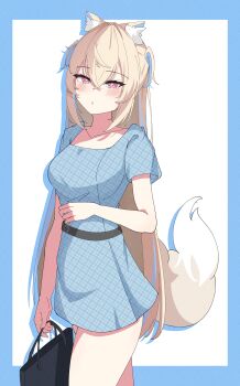 1girl absurdres alternate_costume animal_ear_fluff animal_ears bag blonde_hair blue_dress blue_streaks blush closed_mouth dog_ears dog_girl dog_tail dress fuwawa_abyssgard handbag highres holding holding_bag hololive hololive_english looking_at_viewer multicolored_hair pink_eyes sasaki_ikuya solo streaked_hair tail two_side_up virtual_youtuber