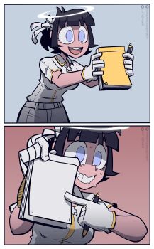 1girl 2koma absurdres angel azazel_(helltaker) black_hair blue_eyes breasts cartoon_network censored comic ed_edd_n_eddy female_focus gloves halo helltaker highres holding holding_notepad holding_pen medium_breasts meme nervous_smile no_pupils notepad open_mouth pants pen pointless_censoring reddit_logo reddit_username sanpaku scene_reference shirt short_hair sillyzer0 smile solo standing sweat tareme teeth template twitter_logo twitter_username upper_teeth_only watermark white_gloves white_pants white_shirt