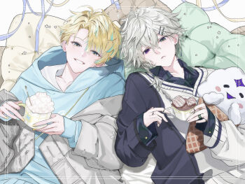 2boys absurdres black_shirt blonde_hair blue_hair blue_hoodie blue_ribbon braid character_doll collared_shirt colored_tips commentary cup doll english_commentary food frown green_eyes grey_eyes grey_jacket grin heterochromia hibachi_mana highres holding holding_cup hood hoodie hot_chocolate jacket jewelry kokuto_(bsmilk) looking_at_viewer lying male_focus marshmallow multicolored_hair multiple_boys multiple_rings murakumo_kagetsu nijisanji on_back pillow purple_eyes ribbon ring shirt short_braid short_hair side_braid smile stuffed_toy sweater sweater_vest upper_body virtual_youtuber watakumo_(murakumo_kagetsu) white_sweater yellow_ribbon