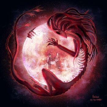 absurdres artist_name bloodborne claws commentary eldritch_abomination english_commentary full_moon highres hug hunter_(bloodborne) monster moon moon_presence_(bloodborne) plain_doll rashuu ribs tail tentacles
