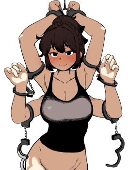 1girl armpit_crease armpits arms_up bdsm black_eyes blush bottomless breasts cleavage collarbone cuffed cuffs extra_arms groin hair_intakes handcuffs high_ponytail highres large_breasts original out-of-frame_censoring ponytail simple_background smile solo white_background yama_batake