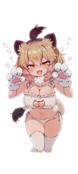 1girl absurdres animal_ears animal_hands blonde_hair blush bra breasts cat_bra cat_cutout cat_ear_panties cat_lingerie cleavage cleavage_cutout clothing_cutout frilled_bra frills fur_collar gloves hair_between_eyes highres kemono_friends kolshica large_breasts lingerie lion_(kemono_friends) lion_ears lion_tail long_hair looking_at_viewer navel open_mouth panties paw_gloves paw_pose side-tie_panties smile solo tail thighhighs underwear underwear_only