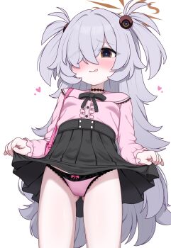 1girl alternate_costume bag bare_legs black_choker black_eyes black_ribbon black_skirt blackness_(blackness661) blue_archive blush bow bow_panties breasts bright_pupils brown_eyes brown_halo choker clothes_lift cowboy_shot crossed_bangs dress_shirt eyes_visible_through_hair frilled_panties frilled_shirt_collar frilled_sleeves frills from_below gluteal_fold grey_hair hair_between_eyes hair_bobbles hair_intakes hair_ornament hair_over_eyes hair_over_one_eye halo handbag heart high-waist_skirt highres jirai_kei kanoe_(blue_archive) lace lace_panties lifting_own_clothes loli long_hair long_sleeves looking_at_viewer messy_hair mojyo multicolored_eyes neck_ribbon open_mouth panties pink_bag pink_bow pink_panties pink_sleeves pleated_skirt ribbon scar scar_on_neck shirt short_twintails simple_background skirt skirt_lift small_breasts smile solo spoken_heart standing thighhighs thighs twintails two-tone_eyes two_side_up underwear very_long_hair wavy_mouth white_background
