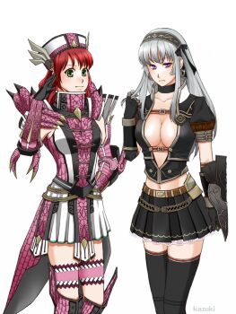 Rule 34 | 2girls, armor, artist request, belt, breasts, capcom, cleavage, female focus, flora (monster hunter), green eyes, md5 mismatch, meran (armor), monster hunter (series), monster hunter frontier, multiple girls, natasha (monster hunter), purple eyes, red hair, resized, rioduo (armor), silver hair, skirt, tagme