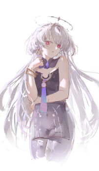 1girl absurdres bare_shoulders closed_mouth commentary_request cropped_legs dress earrings grey_hair halo hand_up highres jewelry long_hair mornye_(wuthering_waves) no_jacket purple_dress red_eyes see-through_body simple_background solo triangle_earrings white_background wuthering_waves yion_(yys84754634)