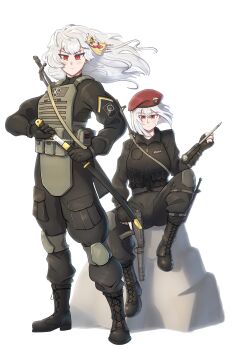 absurdres alpha_(alpha_1918) an-94 assault_rifle belt belt_pouch beret black_gloves blush boots cargo_pants chevron_(symbol) clenched_hand combat_boots commission commissioner_upload concealed_weapon cross dagger dragunov_svd facial_scar fingerless_gloves first_aid_kit floating_hair fluffkaiser fluffy_hair furrowed_brow gloves gun hair_ornament hat hidden_blade_(assassin&#039;s_creed) highres holding holding_gun holding_sword holding_weapon imperial_russian_flag insignia jacket knee_pads knife lace-up_boots long_hair medium_hair military_combat_uniform military_fatigues military_hat military_jacket military_uniform mother_and_daughter name_tag narrowed_eyes non-web_source original orthodox_cross pants patch pouch red_eyes rifle rock russia russian_empire russian_flag russo-ukrainian_war scar scar_on_cheek scar_on_face scorpions_(paramilitary) serbian_black_hand serbian_flag shadow shadowed shashka sheath sitting skorpion_vz._61 sniper_rifle sputnik_and_pogrom standing submachine_gun suppressor sword translated unsheathing weapon white_background white_hair zarya_petrovic zastava_m76