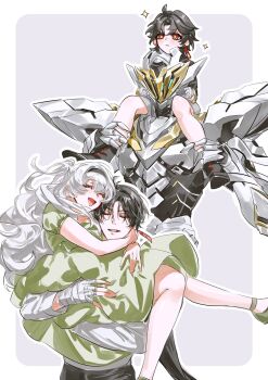 armor black_hair black_hairband blade_(honkai:_star_rail) carrying closed_eyes commentary_request dress firefly_(honkai:_star_rail) full_armor glowing_headgear green_dress green_light grey_armor grey_hair hair_between_eyes hair_intakes hairband highres honkai:_star_rail honkai_(series) jam8366 long_hair open_mouth piggyback power_armor princess_carry sam_(honkai:_star_rail) smile