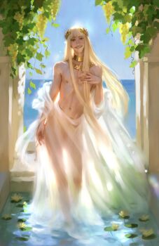 1boy ancient_greek_clothes annas_anya bare_shoulders bleach blonde_hair blunt_bangs brown_eyes commentary completely_nude covered_penis english_commentary full_body gold_choker greco-roman_clothes highres hirako_shinji lily_pad long_hair looking_at_viewer male_focus navel nipples nose nude ocean pectorals plant sky smile standing stomach very_long_hair vines water