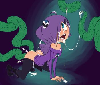 Rule 34 | 1girl, blue eyes, boots, cum, double penetration, female focus, goth fashion, highres, lemmy (zone), original, purple hair, roger bacon, tagme, tentacle sex, tentacles, triple penetration, vaginal, zone-tan