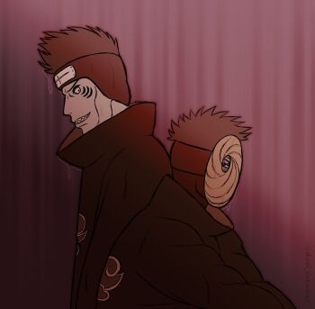 2boys akatsuki_uniform back-to-back black_coat black_eyes black_hair blue_skin coat colored_skin commentary dualdreamer english_commentary forehead_protector gills highres hoshigaki_kisame kirigakure_symbol long_sleeves male_focus mask multiple_boys naruto_(classic) naruto_(series) ninja one_eye_covered red_eyes sharingan sharp_teeth short_hair smile spiked_hair teeth tobi_(naruto) turtleneck uchiha_obito