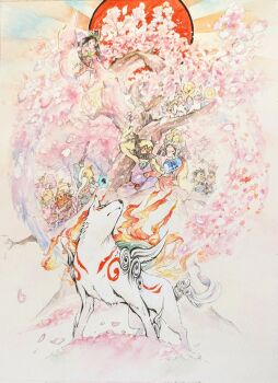 Rule 34 | amaterasu (ookami), character request, cherry blossoms, commentary request, fire, highres, ookami (game), painting (medium), petals, red sun, s.tokimura, traditional media, tree, watercolor (medium), white fur, white wolf, wolf
