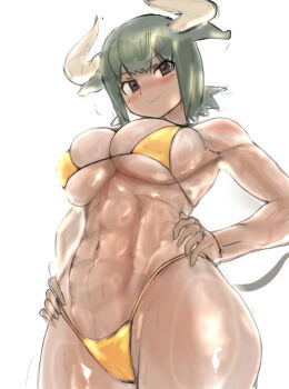 >:) 1girl abs animal_ears aurochs_(kemono_friends) bikini blush breasts brown_eyes closed_mouth covered_erect_nipples cow_ears cow_horns cowboy_shot dark-skinned_female dark_skin from_below groin hands_on_own_hips highres horizontal_pupils horns kemono_friends large_breasts looking_at_viewer micro_bikini navel nose_blush shibori_kasu shiny_skin simple_background sketch skindentation smile solo stomach sweat swimsuit tail tan toned toned_female v-shaped_eyebrows white_background yellow_bikini