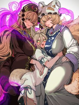 3girls animal_ears aqua_ribbon blonde_hair blue_tabard blush breasts brown_dress brown_hair chinese_clothes commentary_request covered_navel dalachi_(headdress) dress energy_tail fox_ears fox_girl fox_tail ghostship55 girl_sandwich hair_between_eyes hand_on_another's_head hand_on_own_hip hat highres hug huge_breasts junko_(touhou) kitsune kudamaki_tsukasa kyuubi long_hair long_hair_between_eyes long_sleeves medium_breasts multiple_girls multiple_tails neck_ribbon open_mouth red_eyes red_tabard ribbon romper sandwiched short_hair short_sleeves size_difference smile sweat tabard tail tassel touhou white_background white_dress white_romper wide_sleeves yakumo_ran yellow_eyes yuri