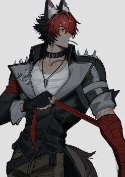 1boy animal_ear_fluff animal_ears bf2xuec6ow98466 black_gloves black_hair black_jacket black_tail cargo_pants collar collarbone cowboy_shot dog_boy dog_ears dog_tail ear_piercing fingerless_gloves gloves green_pants grey_background hair_between_eyes highres jacket jewelry komano_manato leaf_in_mouth looking_to_the_side male_focus multicolored_hair multiple_scars muscular muscular_male necklace pants pectorals piercing red_bandage red_eyes red_hair rolling_eyes scar scar_on_arm scar_on_chest shirt short_hair single_glove solo spiked_jacket standing tail white_shirt zenless_zone_zero