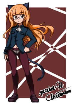 1girl animal_ears ascot bad_id bad_pixiv_id black_jacket black_pantyhose brown_background brown_eyes cat_ears cat_girl cat_tail character_name commentary glasses hand_on_own_hip highres jacket loafers long_hair looking_at_viewer navel no_pants panties pantyhose perrine_h._clostermann red_hair see-through_pantyhose shoes smile solo standing tail underwear white_ascot white_panties world_witches_series yajirushi_kaku