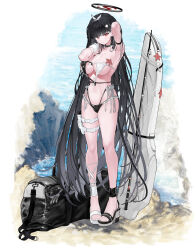 Rule 34 | 1girl, absurdres, animal, armpits, asymmetrical footwear, bag, bikini, black bikini, black choker, black footwear, black hair, blue archive, blush, breasts, choker, clam shell, cleavage, closed mouth, commentary, english commentary, full body, groin, gun, hair ornament, halo, handgun, highres, large breasts, light smile, long hair, looking at viewer, mismatched footwear, movik, navel, pouch, red eyes, ringed eyes, rio (blue archive), sandals, solo, standing, starfish, swimsuit, thigh pouch, toes, weapon, white bikini, white footwear