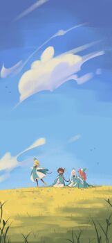 4girls absurdres agott_(tongari_boushi_no_atelier) bird black_hair blonde_hair blue_hair bug_socks coco_(tongari_boushi_no_atelier) flower grass hat highres long_hair medium_hair multiple_girls outdoors pink_hair qifrey&#039;s_atelier_apprentice_uniform richeh_(tongari_boushi_no_atelier) short_hair sitting sky tetia_(tongari_boushi_no_atelier) tongari_boushi_no_atelier