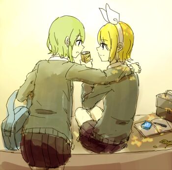 2girls bag bench black_eyes black_skirt blonde_hair book can canned_coffee closed_mouth commentary_request drink_can green_hair green_sweater gumi hand_on_another's_shoulder holding holding_can kagamine_rin looking_at_another multiple_girls notebook open_book parted_lips pleated_skirt school_bag sitting skirt smile split_mouth sweater vocaloid wounds404