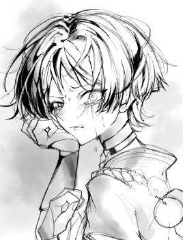 1boy armor bags_under_eyes blunt_ends crying crying_with_eyes_open from_side furrowed_brow genshin_impact greyscale gunocha hands_up highres japanese_armor japanese_clothes jewelry kimono kote looking_at_viewer male_focus mandarin_collar monochrome neck_ring parted_lips pom_pom_(clothes) rope scaramouche_(genshin_impact) shimenawa short_sleeves sketch solo squinting tears tsurime uneven_eyes white_background wide-eyed wispy_bangs