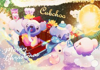 blue_scarf character_name christmas christmas_stocking commentary_request cubchoo gen_5_pokemon gift hat nintendo no_humans omega_takai open_mouth pokemon pokemon_(creature) santa_hat scarf snot snowman