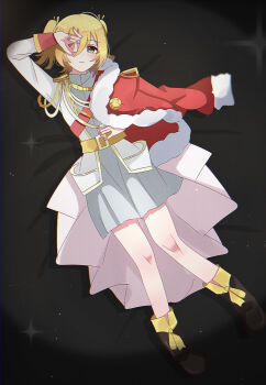 1girl aiguillette arm_up belt belt_buckle black_boots blonde_hair blush boots buckle closed_mouth commentary_request covering_one_eye daiba_nana epaulettes fingernails full_body fur-trimmed_jacket fur_trim green_eyes green_ribbon grey_background grey_skirt hair_between_eyes hair_ribbon hand_on_own_stomach hand_up highres jacket jacket_on_shoulders light_particles long_sleeves looking_at_viewer lying miniskirt on_back pleated_skirt red_jacket red_sash ribbon sash shiroiro_obake short_hair short_twintails shoujo_kageki_revue_starlight shoulder_sash skirt solo sparkle spotlight twintails waist_cape white_jacket yellow_belt