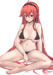 Rule 34 | 1girl, aged up, ahoge, bare shoulders, barefoot, bikini, black bikini, black hairband, breasts, cleavage, collarbone, commentary, eris greyrat, feet, hair between eyes, hairband, indian style, large breasts, legs, light blush, long hair, mushoku tensei, nakatokung, navel, parted lips, red eyes, red hair, sidelocks, simple background, sitting, skindentation, solo, stomach, swimsuit, thick eyebrows, toenails, toes, very long hair, white background