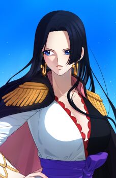 1girl black_dress black_hair blue_eyes blue_sky boa_hancock cape dress earrings ekdbs312 epaulettes floating_hair hand_on_own_hip hashtag-only_commentary highres hood hooded_cape jewelry long_hair long_sleeves one_piece one_piece:_stampede parted_lips purple_sash sash sidelocks sky snake_earrings solo two-tone_dress white_dress