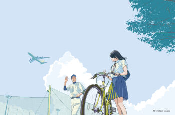 Rule 34 | 1boy, 1girl, aircraft, airplane, bag, baseball uniform, bicycle, black hair, blue sky, breast pocket, cloud, cloudy sky, collared shirt, cowboy shot, feet out of frame, green skirt, hand up, highres, jet airliner, layered sleeves, leaf, long hair, long sleeves, original, pleated skirt, pocket, red neckwear, shirt, shirt tucked in, short over long sleeves, short sleeves, shoulder bag, skirt, sky, sportswear, tanaka hirotaka, tree, white shirt