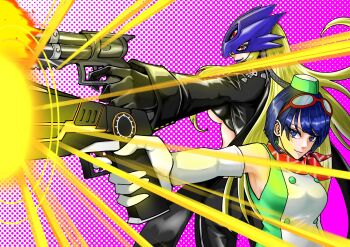 2girls back-to-back bare_shoulders beelstarmon black_coat black_gloves blonde_hair blue_eyes blue_hair blue_mask breasts coat digimon digimon_(creature) digimon_story:_time_stranger dress eikenkobayashi elbow_gloves eye_mask eyelashes finger_on_trigger gloves goggles goggles_on_head green_dress green_hat gun hat highres holding holding_gun holding_weapon large_breasts long_hair mask multiple_girls purple_background purple_lips red_eyes short_hair simple_background third_eye underboob upper_body weapon white_background white_dress white_gloves yuuki_kanan